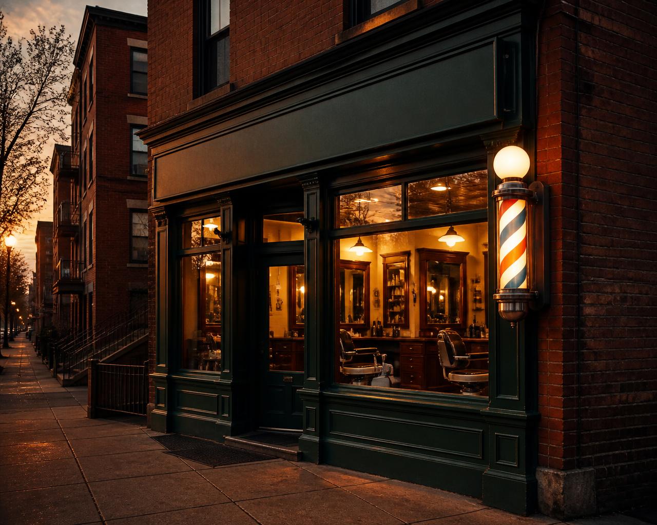 The forest green storefront of Oak & Steel Barbershop at dusk in Chicago