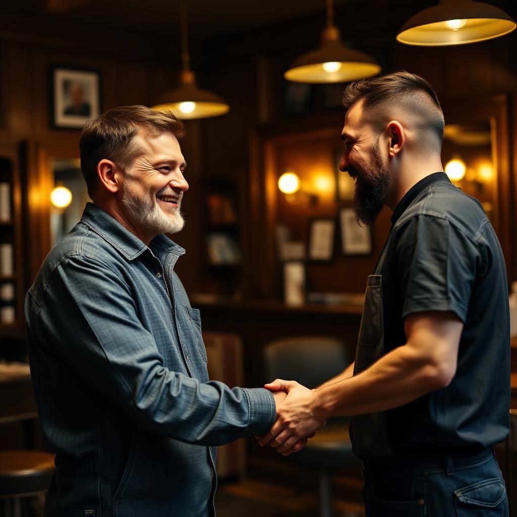 A happy customer shaking his barber's hand