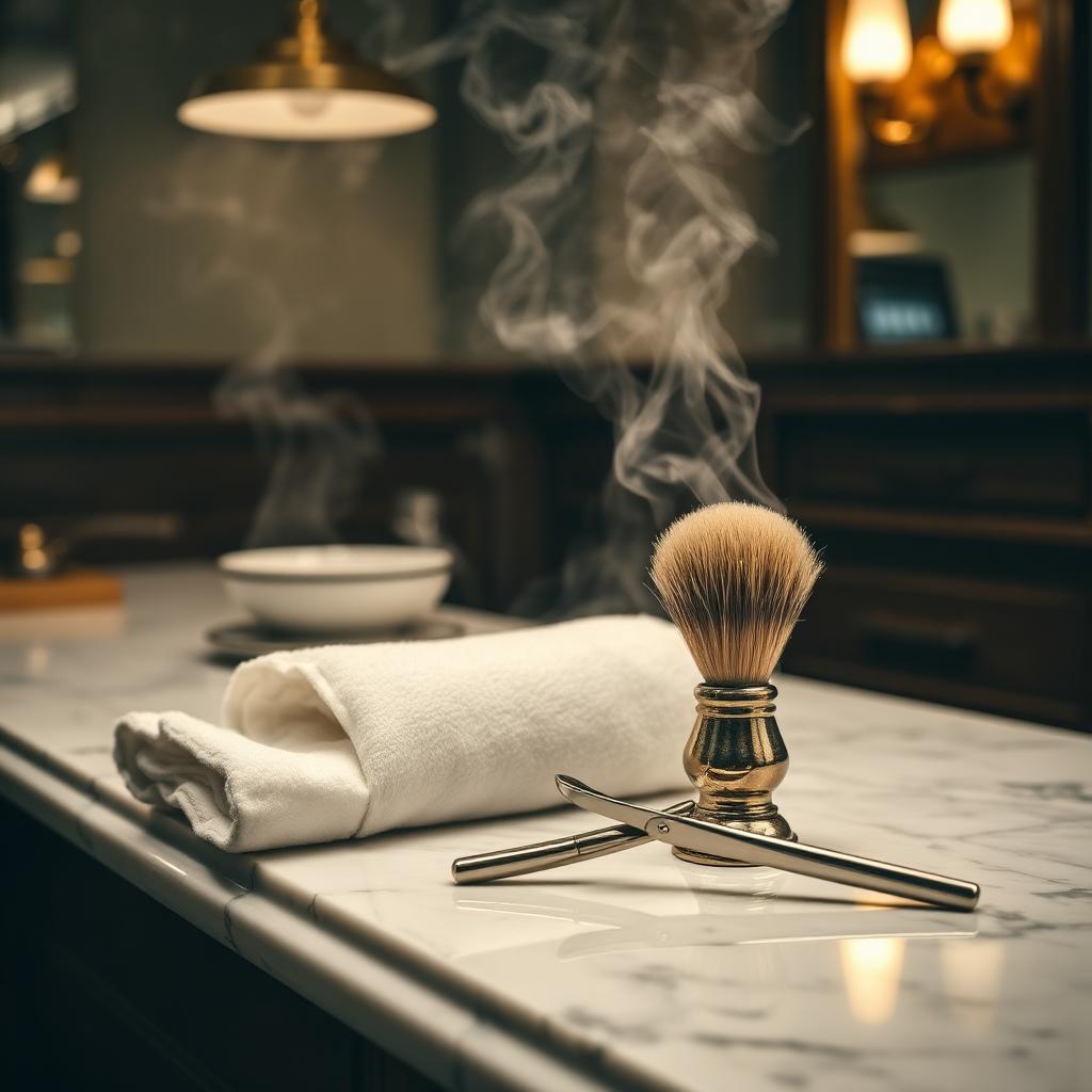 Hot towel, straight razor and brush on marble